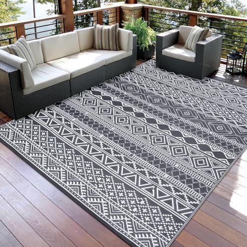 GlowSol 9x12 Outdoor Rug Waterproof Carpet with a Carry Bag Outdoor Plastic Straw Rug for Patio Modern Camping Mat Easy Cleaning Reversible Outdoor Carpet for Balcony Deck Backyard RV Picnic,Grey - Image 6