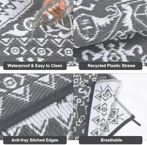 Outdoor Rug 9x12 Reversible Patio Rug Outdoor Plastic Straw Rug Vintage Medallion Washable Rug Waterproof for Deck RV Outside Rug for Patio Backyard Picnic Camp Beach Balcony Grey White - Image 4