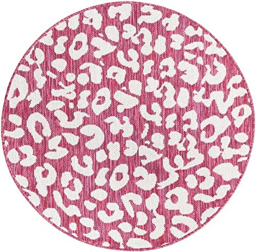 Unique Loom Outdoor Safari Collection Area Rug - Leopard (3' Round, Magenta/ Ivory) - Image 3