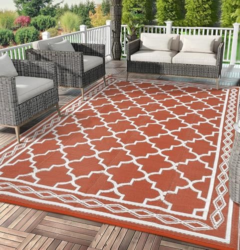 GlowSol Outdoor Rug 9x12 Waterproof Outdoor Plastic Straw Rug for Camping with Carry Bag, Reversible Easy Cleaning Portable Patio Rugs Mat Outside Carpet for RV Patio Backyard Deck Picnic,Orange by GLOWSOL