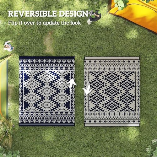 Outsunny Outdoor Rug for Patio Waterproof 8' x 10' Blue & White Rhombus - Image 7
