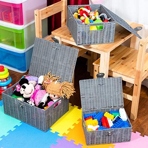 ARPAN Set of 3 Resin Woven Utility Storage Basket Box With Lid & Lock (Grey) - Image 5