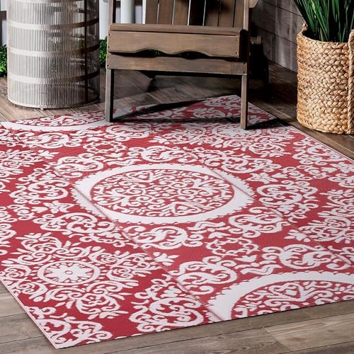 NUU GARDEN Outdoor Rug, Plastic Straw Foldable Area Rug Indoor Outdoor Carpet for Patio Decor Balcony Camping Picnic RV, 6 ft x 9 ft, Red and White by NUUGARDENCORPORATION