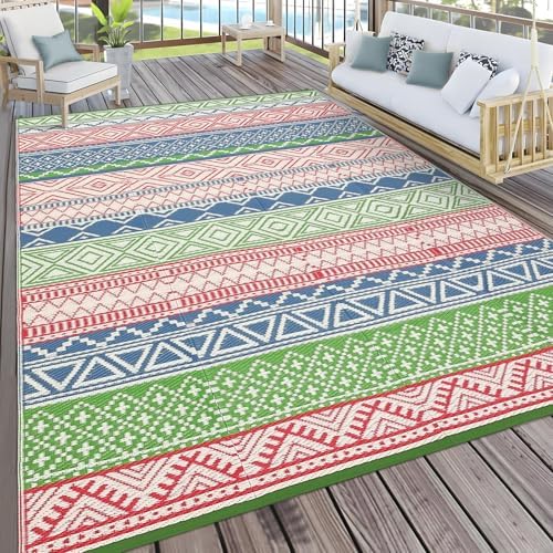 GlowSol Waterproof Outdoor Rug 10x20 Reversible Patio Rug Portable Plastic Straw Rugs for Camping Boho Outdoor RV Mat for Camper Large Outdoor Rugs for Backyard,Beach,Deck,Porch,Balcony,Red/Green/Blue by GLOWSOL