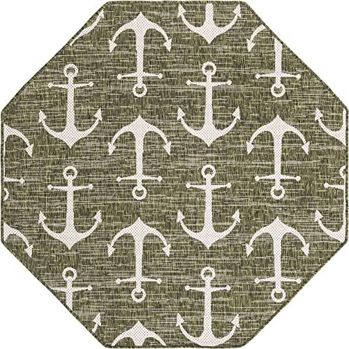 Unique Loom Outdoor Coastal Collection Area Rug - Ahoy (5' 3" Octagon, Green/ Ivory) - Image 3