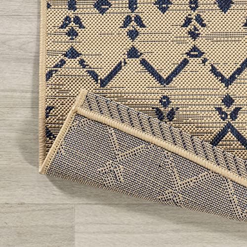 Eyely Moroccan Woven Runner Rug 2X10 Beige/Navy, Indoor Outdoor Rug - Image 5