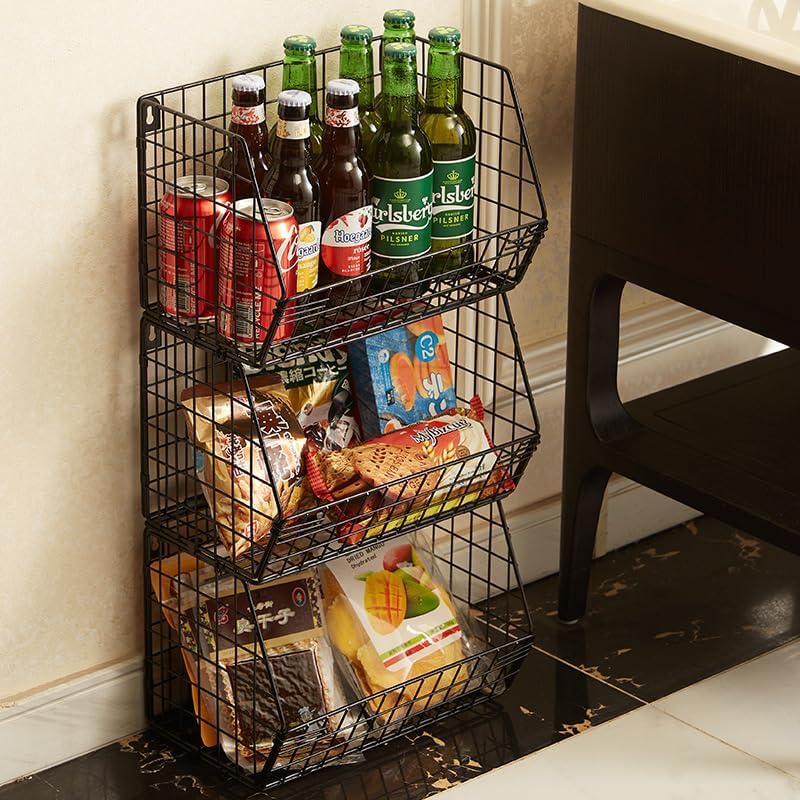 3 Tier Hanging Foldable Wire Baskets Closet Organizer Clothes Shelves Countertop Caddy Bin Wall Mount Shelf Storage Basket for Clothing Handbags Snacks Drinks Fruits - Image 2