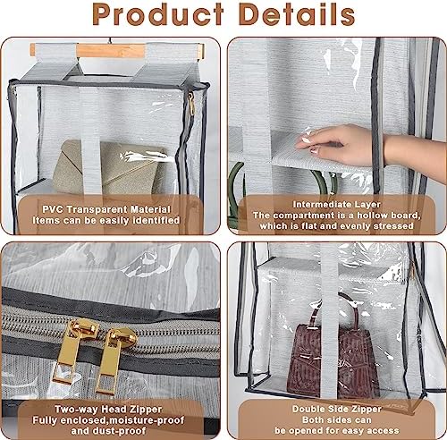 Silkfly 2 Pack Hanging Purse Organizer with Zipper for Closet Handbag Storage PVC Mesh Shelves with 4 Pockets for Bedroom Door Wardrobe Shelf Rack Space Saving(Gray) - Image 3