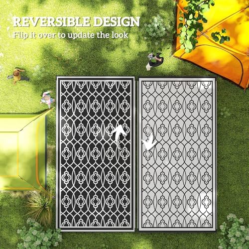 Outsunny Outdoor Rug for Patio Waterproof 9' x 18' Black & White Lantern - Image 7
