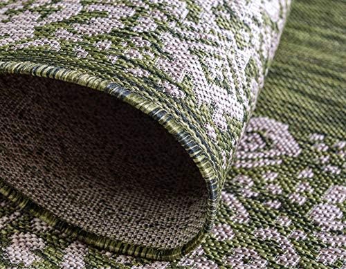 Unique Loom Outdoor Border Collection Area Rug - Floral Border (2' x 6' 1" Runner, Green/ Ivory) - Image 6