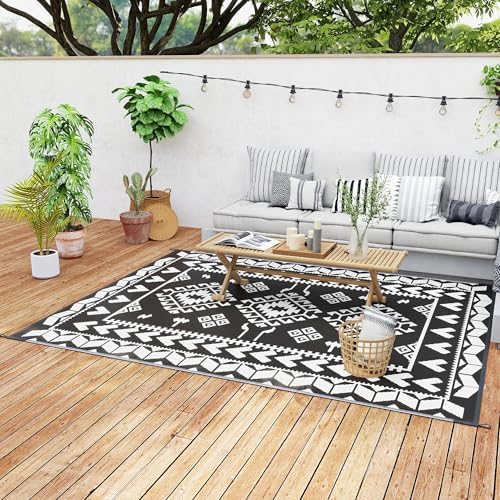 Outsunny Outdoor Rug for Patio Waterproof 8' x 10' Black & White Rhombus by Outsunny