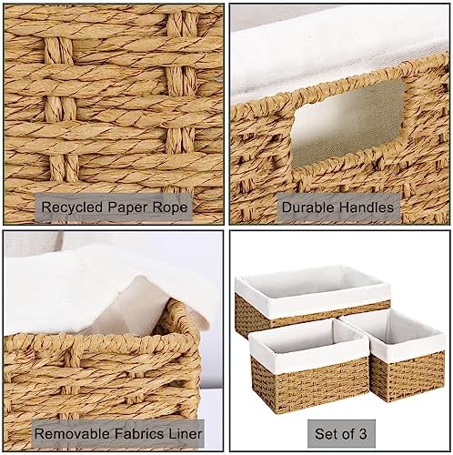 Vagusicc Wicker Storage Basket, 3-Pack Woven Paper Rope Wicker Baskets with Handles, Large Wicker Basket Cube Storage Bins with Liners, Storage Baskets for Organizing Shelves & Decor, Natural - Image 3