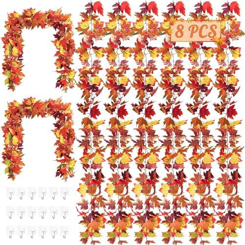 Helimoto Fall Outdoor Garland, 8 Pack 47.2 FT Hanging Fall Garland, Artificial Maple Indoor Autumn Leaves Garlands, Fall Decorations for Home Thanksgiving Decor Wedding Party Wall Fireplace Mantle by Helimoto