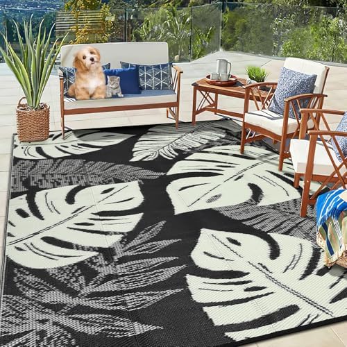 Waterproof 9x12 Outdoor Rug for Patio Reversible Plastic Straw Rug Leaves Camping Carpet with Carry Bag, Stain & UV Resistant Portable RV Carpet for Camper Deck Balcony Porch Beach Picnic,Black by GLOWSOL