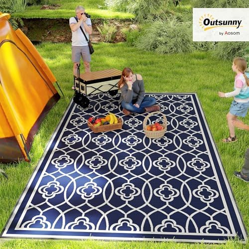 Outsunny Outdoor Rug for Patio Waterproof 9' x 18' Blue & White Lantern - Image 3