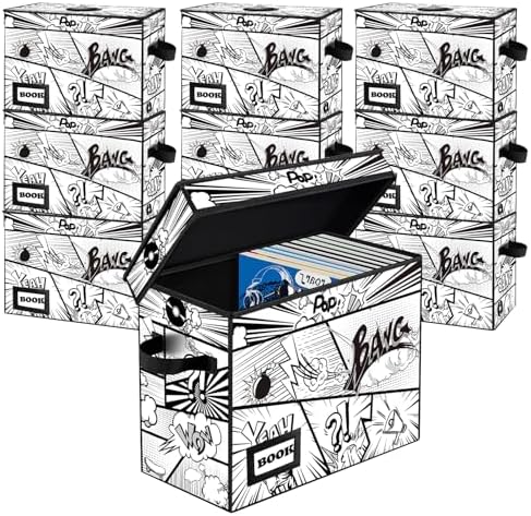 10 Pack Comic Book Storage Box, 15.8" X 7.8" X 11.8", Heavy Duty Collapsible Holds 160-180 Comic Book Bin Container Holder Shelf (Cartoon Bombs) by YNSZAS