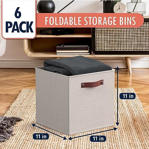 Ornavo Home 11x11 Foldable Fabric Storage Cube Bins, 6 Pack, Beige - Image 6