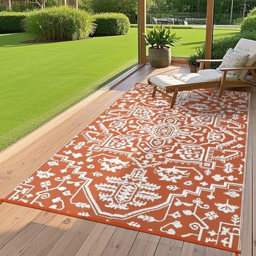 8x10 Plastic Straw Outdoor Rug Waterproof Reversible Mat, UV-Resistant Vintage Medal Camping Outdoor Carpet for Patio Deck Balcony Picnic Fold Portable Outdoor Large Floor Mat Orange Red White - Image 2