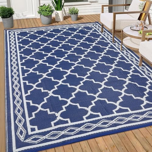 GAOMON Outdoor Rug 9'x12' Waterproof Rug for Patio Decor, Foldable Reversible Plastic Straw Area Rugs Mat for Camper, Outside Carpet for Deck, Porch, Picnic, Beach, Navy/White(Geometric) by GAOMON