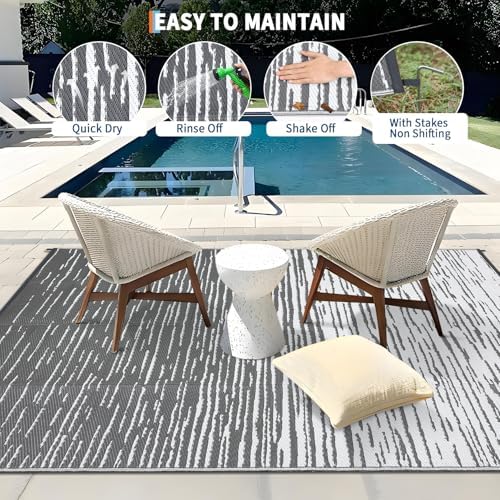Garvee Waterproof Outdoor Rug 8x10 Neutral Striped Plastic Straw Rug, Grey - Image 3