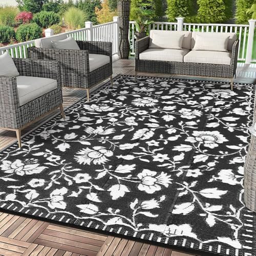 Garvee Floral Outdoor Rug 9x12 Patio Waterproof Plastic Straw Rug, Black by Garvee
