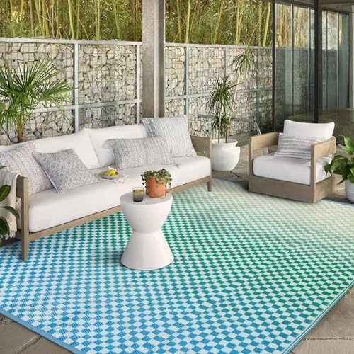 Wonnitar Waterproof 9x12 Outdoor Rug - Blue Yellow Gradient Geometric Patio Rug, Extra Large Plastic Straw Carpet for Balcony Beach Garden Deck, Reversible Outdoor RV Camping Mat by Wonnitar
