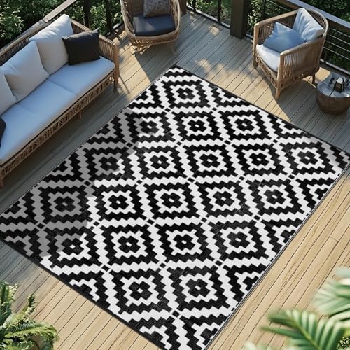 Favoyard Outdoor Rug Black & White 9x12 ft Waterproof Reversible Carpet Mat by OutdoorFurnitureAccessories