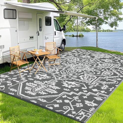 GAOMON 8x10 Grey Outdoor Rug Waterproof Boho Vintage Reversible Plastic Straw Rug Mat UV-Resistant Foldable Retro Medallion Camping Indoor Outdoor Carpet for Patio RV Deck Balcony Picnic, Grey White - Image 3