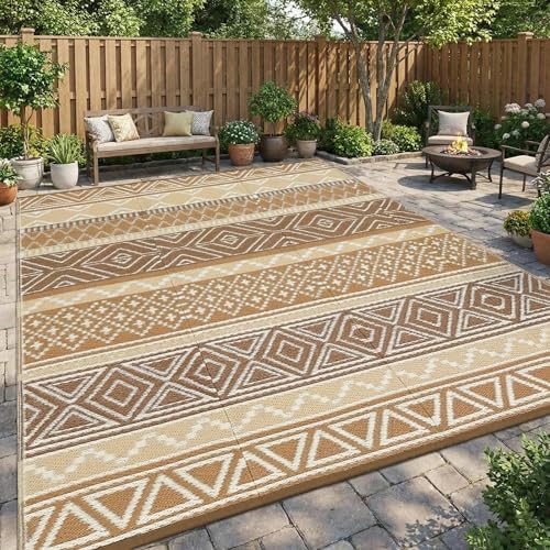 Outdoor Rug 9x12 Reversible Patio Rug Boho Outdoor Plastic Straw Rugs Bohemian Waterproof Outside Carpet for Deck RV Camping Rugs for Patio Backyard Picnic Porch Beach Balcony, Brown Tan by Unknown