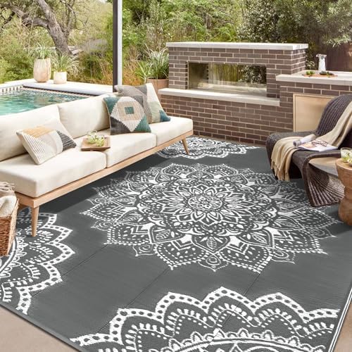 Yamaziot Waterproof Outdoor Rug 8x10 ft, Reversible Plastic Straw Rug for Patio Clearance, Camping, RV Mat, Large Outside Rug Carpet for Porch, Deck, Backyard, Balcony, Picnic (Grey) by Yamaziot