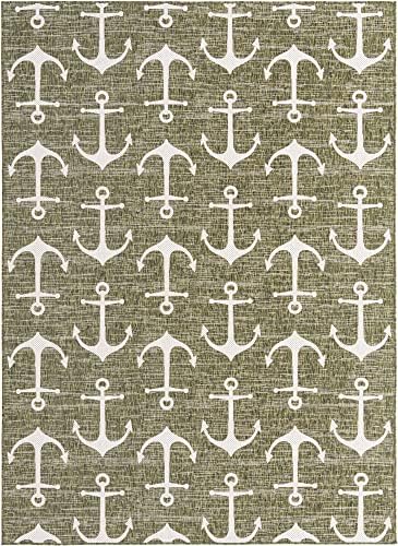 Unique Loom Outdoor Coastal Collection Area Rug - Ahoy (7' 10" x 11' Rectangle, Green/ Ivory) - Image 3