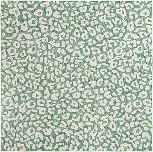 Unique Loom Outdoor Safari Collection Area Rug - Leopard (13' Square, Green Blue/ Ivory) - Image 2