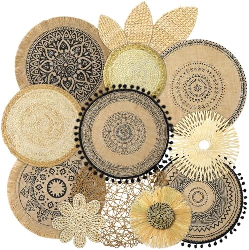 Xuhal 15 Pcs Boho Wall Basket Decor Handcrafted Seagrass Woven Wall Basket Rustic Round Woven Hanging Art for Home Farmhouse Kitchen Table Living Room(Mixed Colors Style) by Xuhal