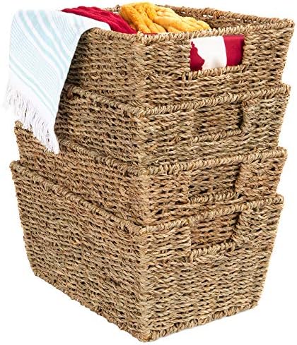 Best Choice Products Rustic Set Of 4 Multipurpose Stackable Seagrass Storage Basket, Handwoven Laundry Organizer Totes for Bedroom and Living Room, Shelves, Pantry w/Insert Handles - Natural by BestChoiceProducts