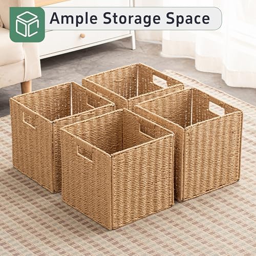 11x11x11 Cube Storage Bins Set of 4, Paper Rope Hand Woven Storage Basket with Handles, Collapsible Square Storage Cubes for Shelves, Wicker Shelf Baskets for Living Room Bedroom Organizing, Natural - Image 5
