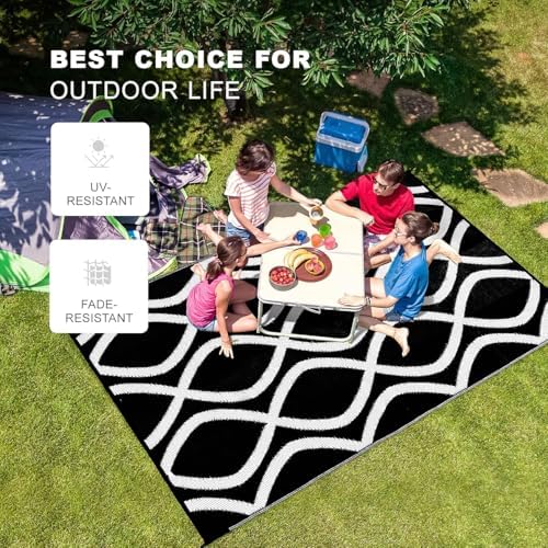 wikiwiki Outdoor Rug, 9x12ft Waterproof Reversible Mat Indoor Outdoor Rugs Carpet, Small Area Rug Plastic Straw Rug for Patio Deck Balcony Pool RV Camping Beach Picnic, Black & White, Rugscape Series - Image 3