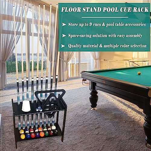 Pool Stick Holder Floor Stand Holds 9 Cues & Pool Table Accessories. Wooden 2-Tier Cue Stick Storage with Ball Rack Hangers, Billiard Cone Chalk Holder or Drink Pads - Image 5
