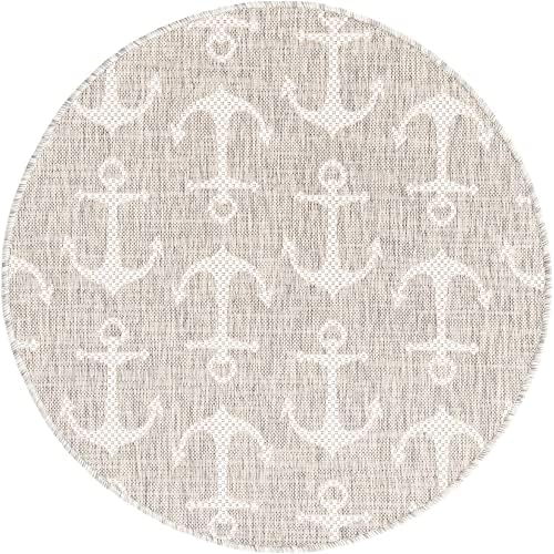 Unique Loom Outdoor Coastal Collection Area Rug - Ahoy (3' 3" Round, Gray/Ivory) - Image 3