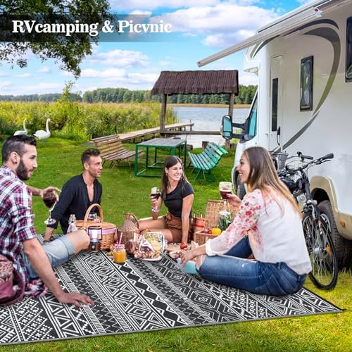 GAOMON Outdoor Plastic Straw Rug, 10'x14' Reversible Sage Green Patio Mat, Flower Modern Design for RV, Backyard, Deck, Camping, Picnic, Black/White(Bohemia) - Image 2