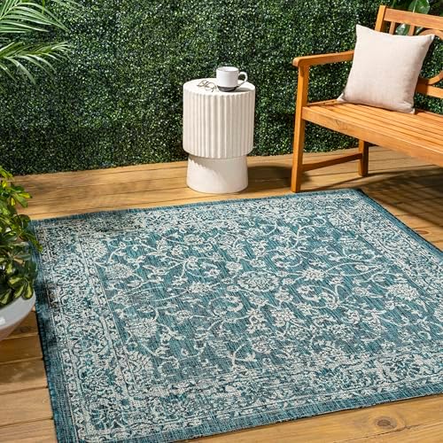 JONATHAN Y Weave Floral Indoor Outdoor Square Area Rug 5X5 Teal/Gray, Tela Bohemian Textured for Backyard, Patio, Porch, Easy-Cleaning, High Traffic, Pet-Friendly, Non-Shedding (SMB100C-5SQ) by JONATHANY