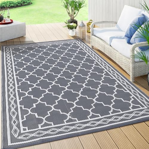 GAOMON Outdoor Plastic Straw Rug, 10'x20' Reversible Sage Green Patio Mat, Flower Modern Design for RV, Backyard, Deck, Camping, Picnic, Grey/White(Geometric) by GAOMON