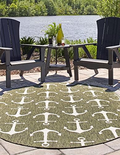 Unique Loom Outdoor Coastal Collection Area Rug - Ahoy (5' 3" x 7' 10" Oval, Green/ Ivory) - Image 4