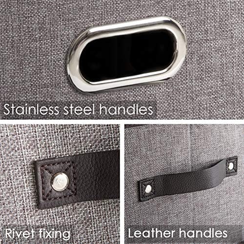 PRANDOM Larger Collapsible Storage Bins for Closet [5-pack] Decorative Linen Fabric Storage Baskets Cubes with Leather/Metal Handles for Living Room Grey (17.3x12.2x10.4 Inch) - Image 4