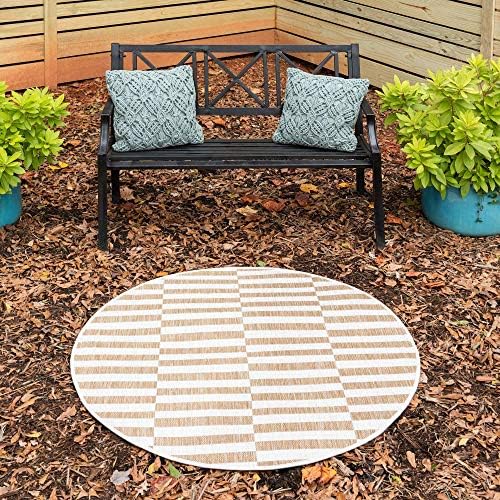 Unique Loom Outdoor Striped Collection Area Rug - Striped (4' 1" Round, Taupe/Ivory) by UniqueLoom