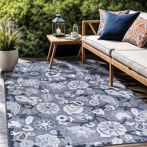 Luul Home Floral Indoor Outdoor Rugs 6x9 Large Area Rug for Living Room, Patio Decor, Kitchen, and Entryway Rug, Washable Stain Resistant Outside Carpet Navy 6 x 9 by Unknown