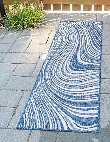 Unique Loom Outdoor Modern Collection Area Rug - Pool (2' x 6' 1" Runner, Blue/ Ivory) by UniqueLoom