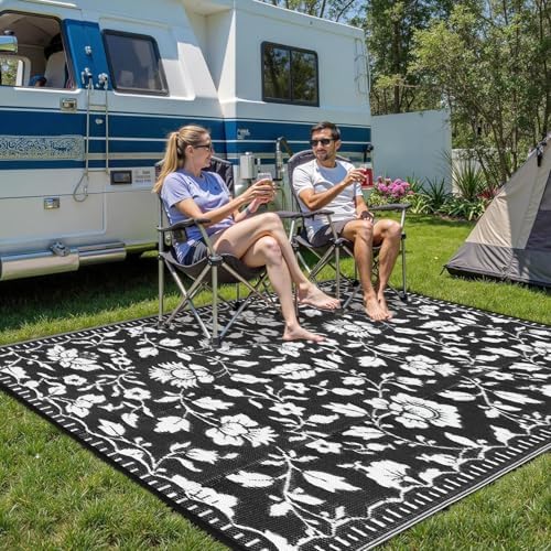 Garvee Floral Outdoor Rug 9x12 Patio Waterproof Plastic Straw Rug, Black - Image 2