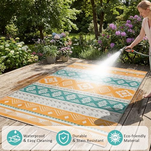 famibay Outdoor Rug Reversible Portable Plastic Straw Camping Rugs, Large Waterproof Outdoor Area Rugs for Patio, RV, Backyard, Deck, Balcony, Picnic, Beach 8x10 Yellow - Image 3