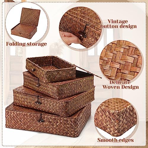 Didaey Set of 4 Seagrass Basket with Lid Wicker Storage Basket Decorative Storage Boxes with Lids Flat Storage Bins Woven Organizer Baskets for Shelf Closet Bedroom, 4 Sizes (Dark Brown) - Image 3