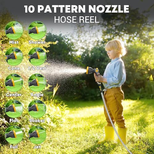 SILVEL 1/2 in x 110 FT Retractable Garden Hose Reel, UV Resistant Heavy Duty Automatic Hose Reel Wall Mount with 10 Pattern Nozzle, Any Length Lock & Slow Return System, 180°Swivel Bracket, Yellow - Image 3
